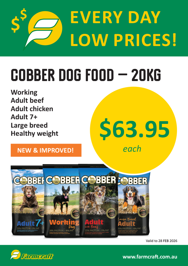 everyday low price on Cobber 20kg dog food at Farmcraft